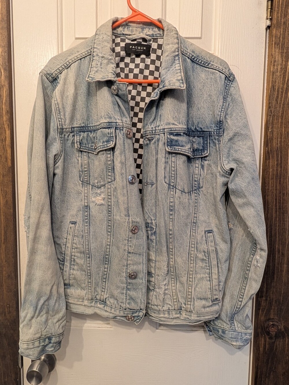 Men's PacSun Checkered Lined Distressed Jean Jacket Size Medium Light Wash Denim
